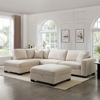Tristan Left-Hand Corner Sofa with Footstool, Beige Chenille