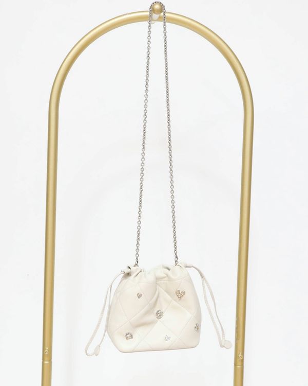 Cushion Shoulder Bag with Jewels - Cream