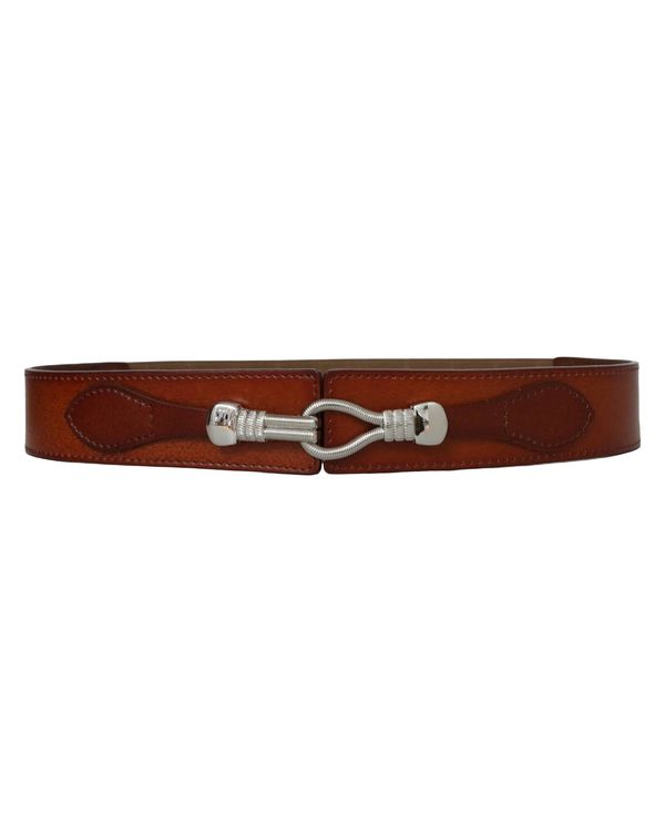 Wide Elastic Belt with Metal Hook Closure - Brown