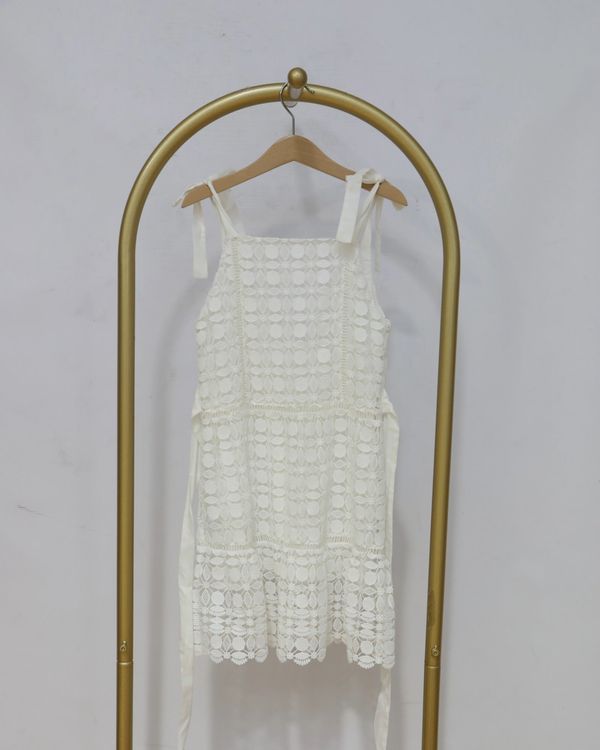 Girls Lace Tie Shoulder Sleeveless Dress – Cream