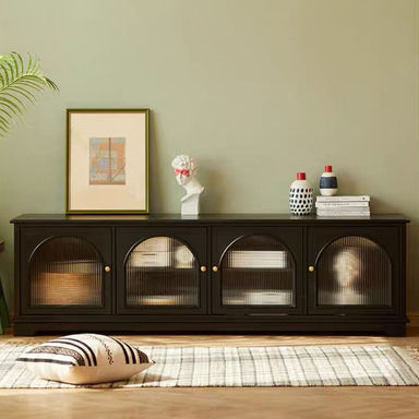 Modern Low-Profile TV Cabinet with Arched Glass Doors Freestanding Storage Console