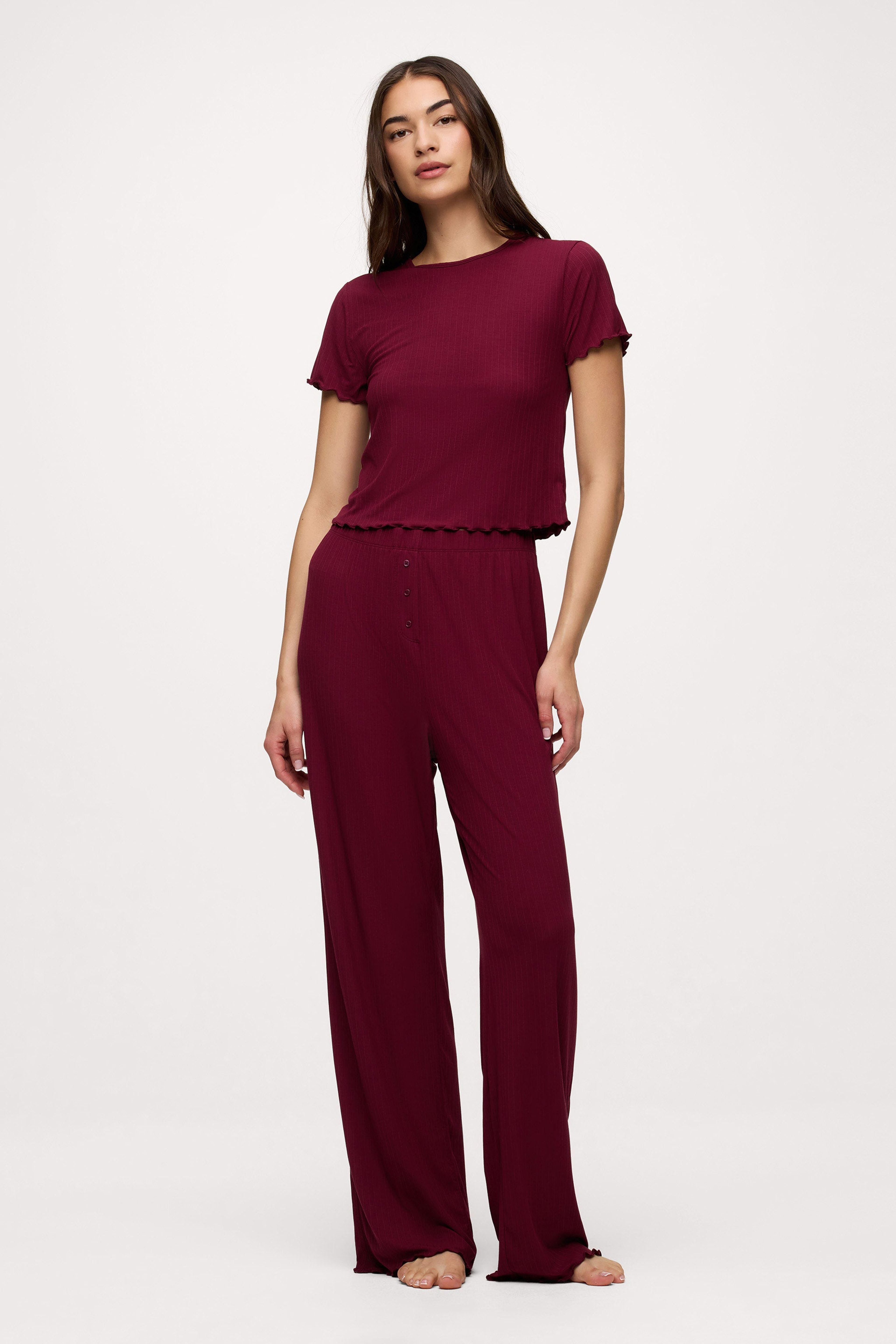 Cozy Mini Rib Pajama Set in Ruby | Women's Sleepwear
