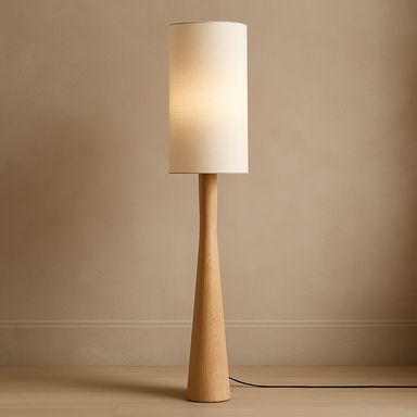 Nogy Japandi Linen Shade Floor Lamp with Wood Grain Base Minimalist Wrought Iron Design • 68in tall