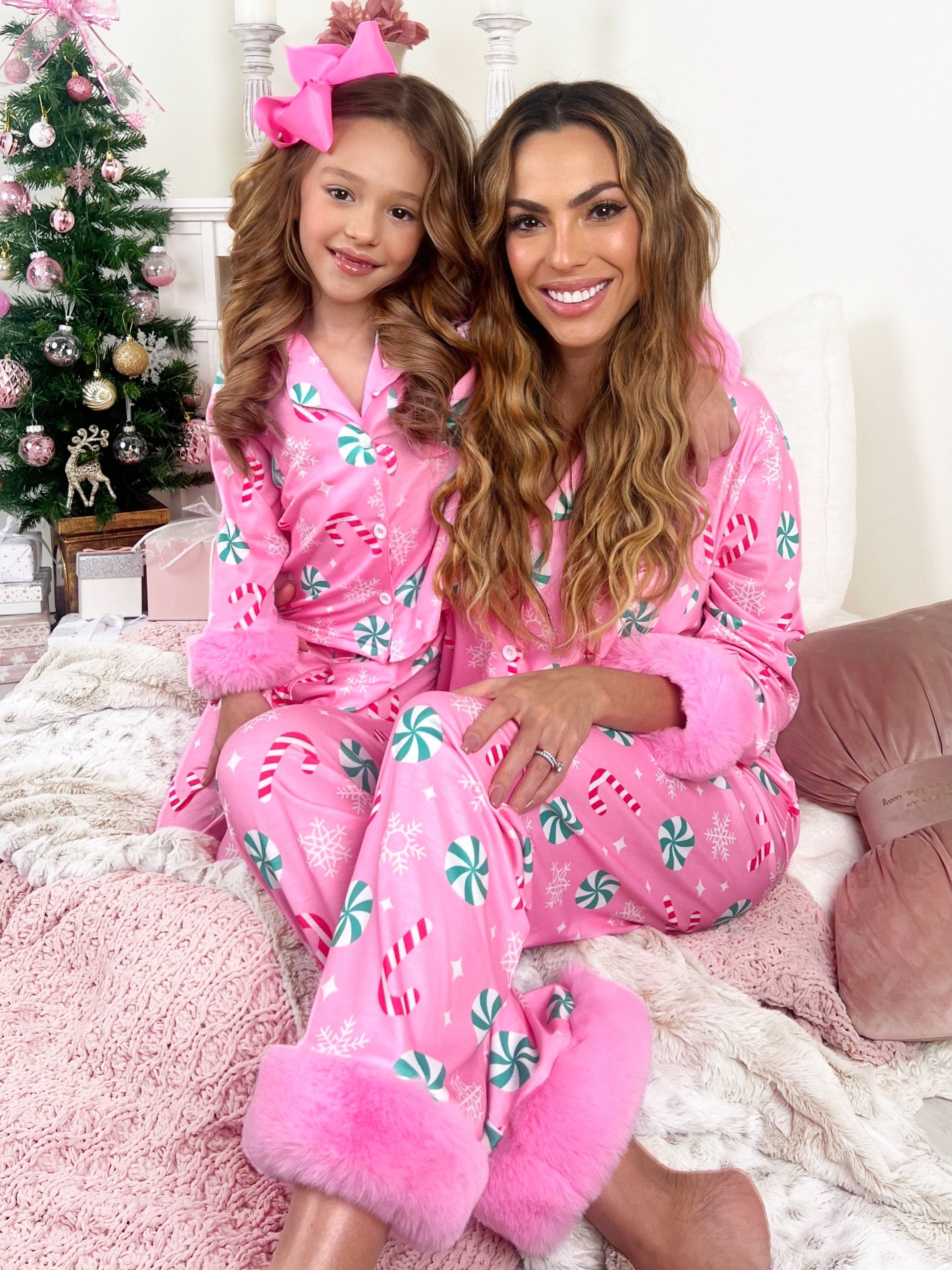 Cozy Mommy & Me Peppermint Candy Furry Christmas Pajamas