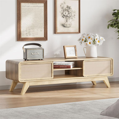 65 Inch Boho Wooden TV Stand Modern Entertainment Center with Storage and Nature Linen Doors