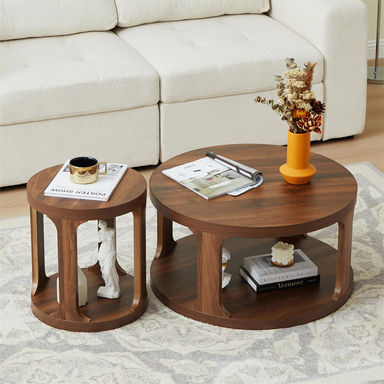 Modern Side Table Round Nesting Coffee Table Set of 2 with Storage Shelf