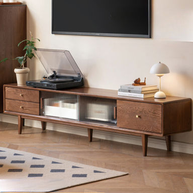Oak, Solid Rubberwood , Beech Solid Wood TV Stand Glass Sliding Door