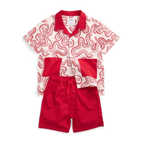 KIDLY by MORI Red Print Cotton Shirt & Shorts Outfit