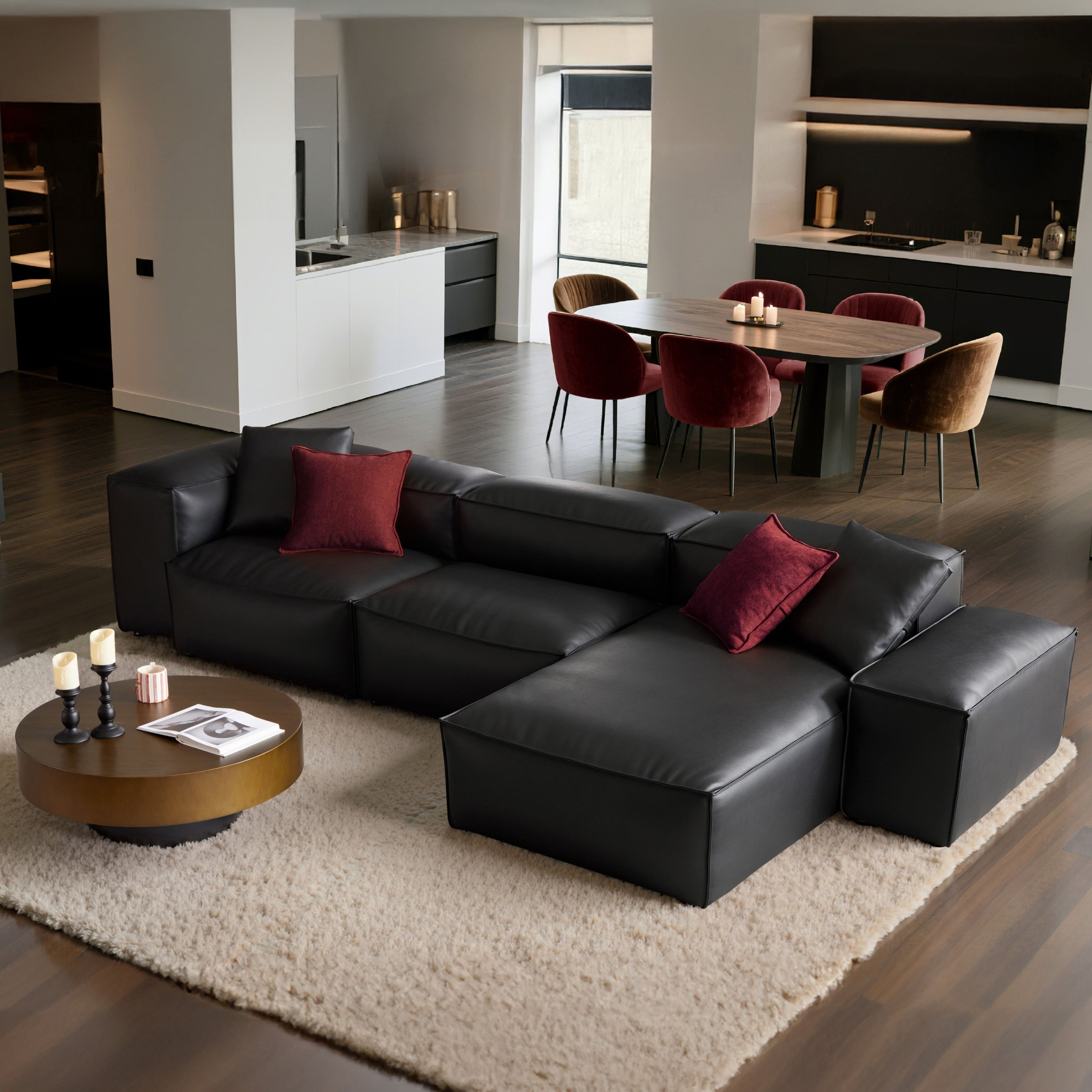 Luxury Cube Modular Black Genuine Leather Sectional Sofa