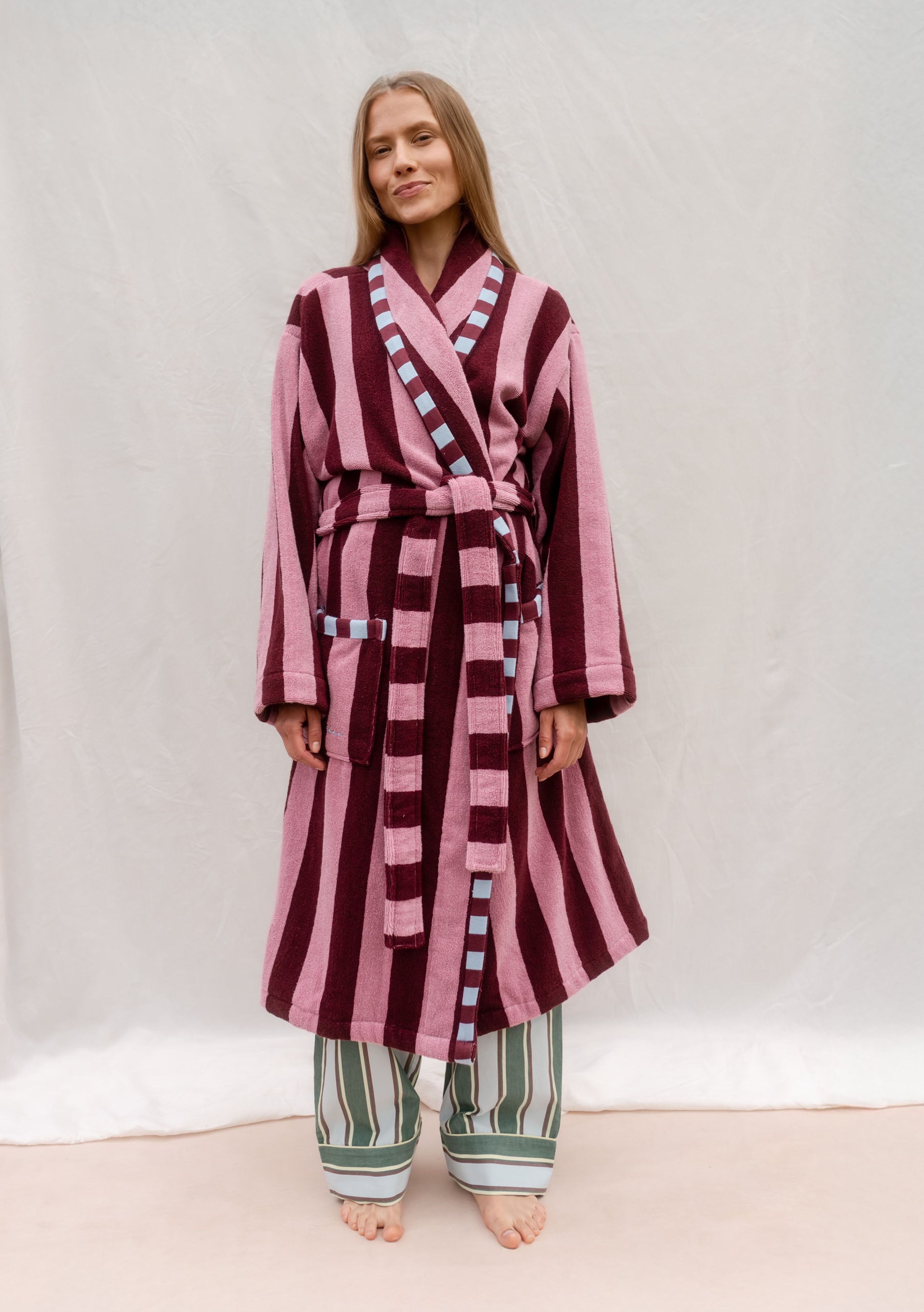 Luxurious Terry Cotton Bath Robe in Burgundy Stripe | Plush Comfort