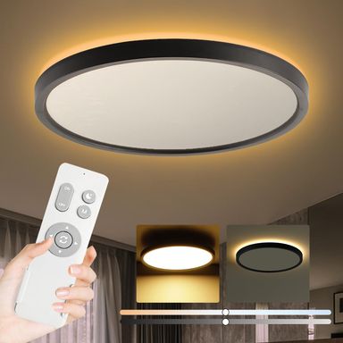 Roomratv Black Ceiling Light Fixture With Remote Control, With 3000K Warm Nightlight, 12Inch 24W Flush Mount Ceiling Light, 3 Li