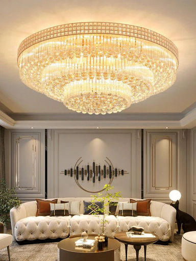 Extra Large Three Layers Round Luxury Flush Mounted Crystal Chandelier for Living Room