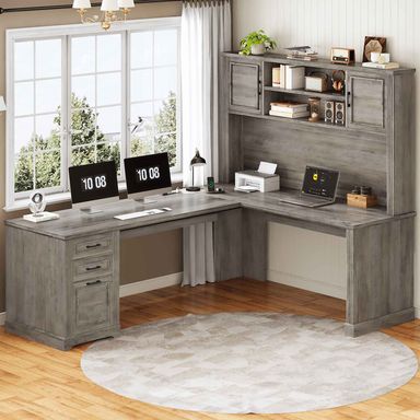 SEDETA® 68.9 Inch Farmhouse Executive Desk L Shaped Computer Desk with File Drawer and Storage Shelves