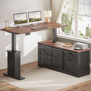 SEDETA® 55 Inch Height Adjustable Farmhouse L Shaped Electric Standing Computer Desk with Power Outlets Storage Drawers