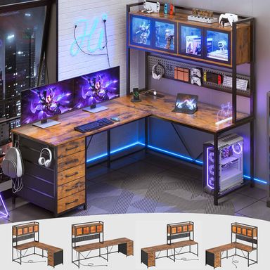 SEDETA® 62 Inch L Shaped Gaming Desk with Led Lights Computer Desk with Power Outlet Drawers Storage Shelves Pegboard