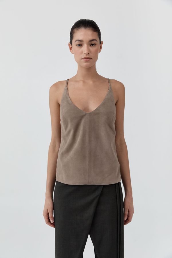 PRE-ORDER: Suede Low Back Tie Top - Earth