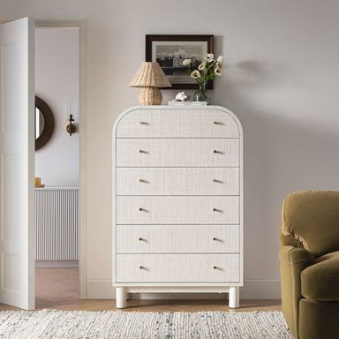 Maude Tall Dresser, Washed White Ash with Raffia