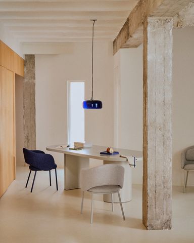 Maina chair in solid blue chenille and steel legs with blue finish FSC Mix Credit