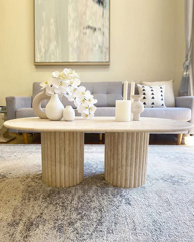 Beige Travertine Coffee table | Fluted Leg Coffee table | Light Travertine