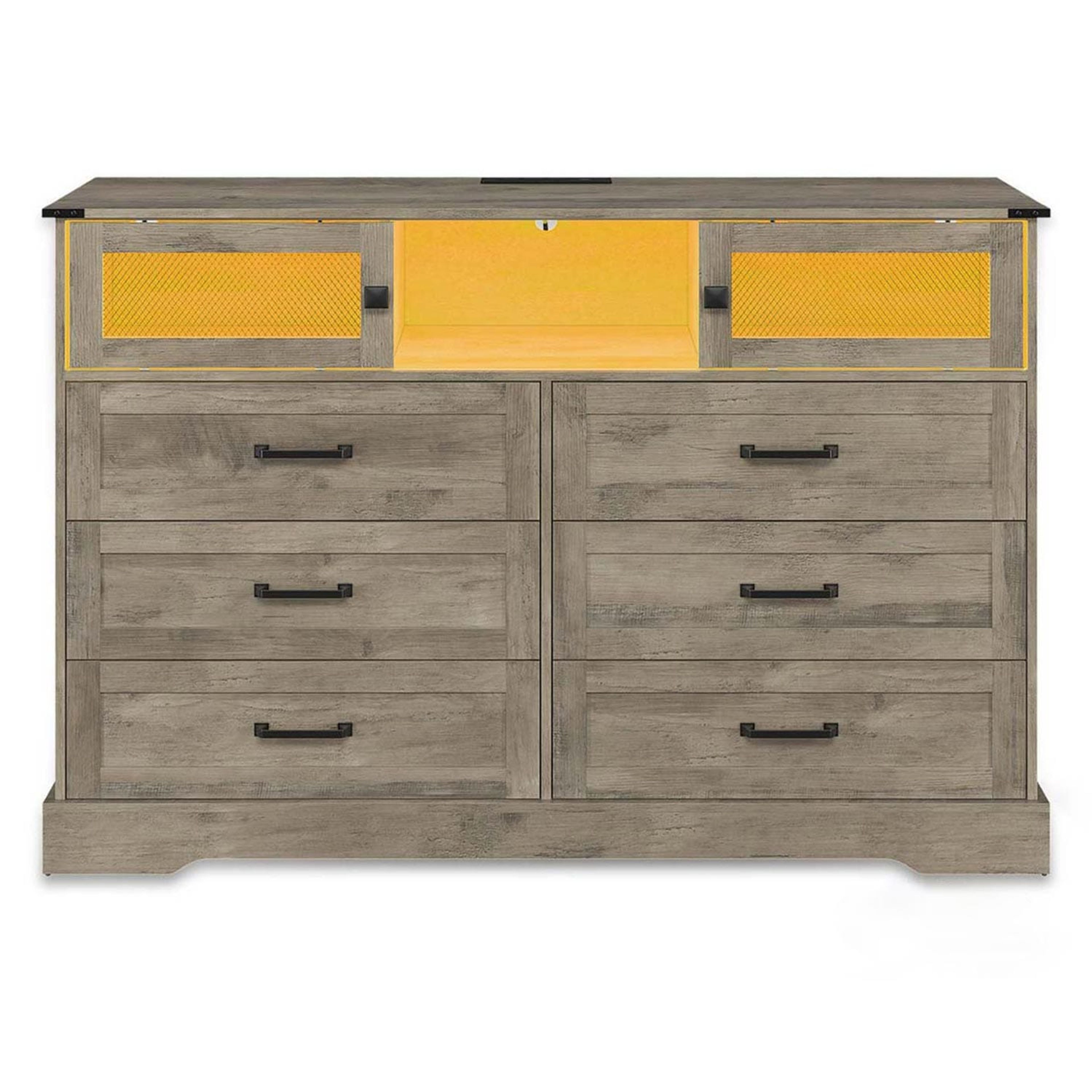 Rustic Oak LED Dresser with 6 Drawers & Power Outlets