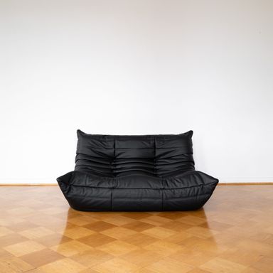 Black Leather 2-Seater Togo Sofa by Michel Ducaroy for Ligne Roset