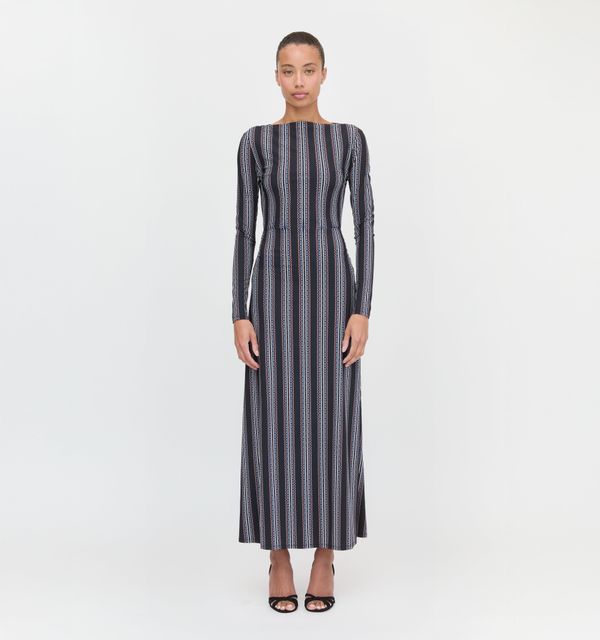 The Selene Dress - Black Cobalt Medallion Stripe