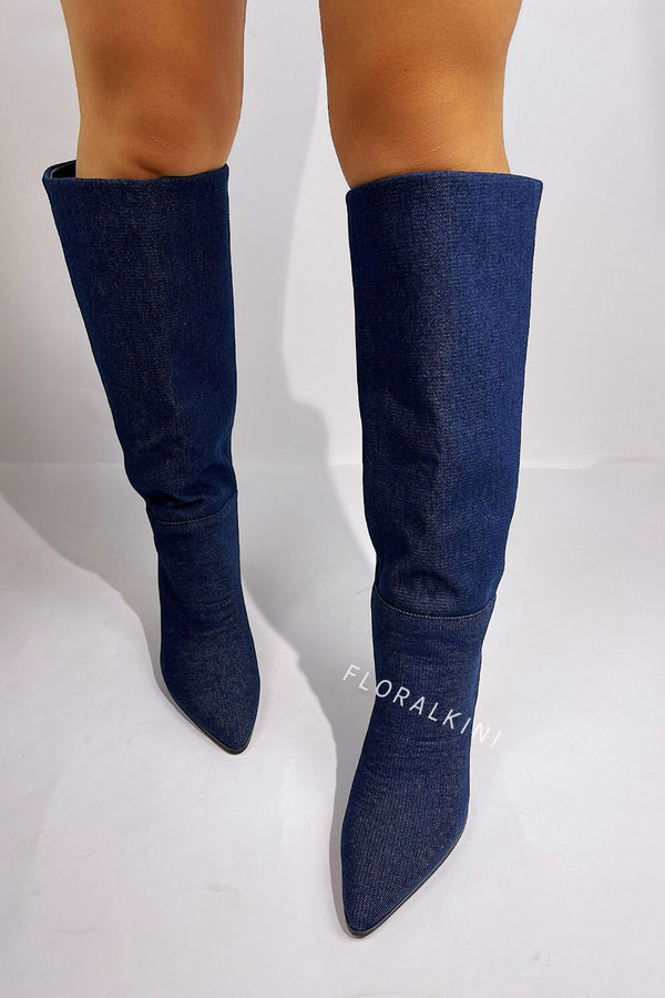 Denim Pointed-Toe Cone Heel Knee High Boots