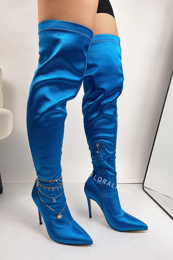 Blue Satin Pointed Toe Thigh High Boots