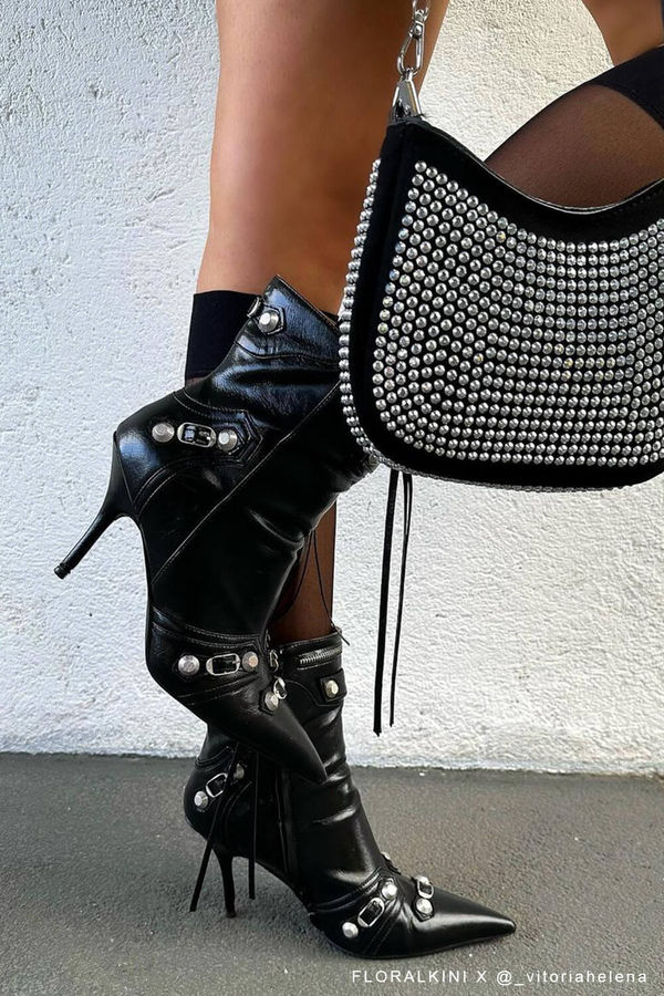 Pointed Toe Ankle Stiletto Boots With Studs And Pin Buckle Strap Details - Black