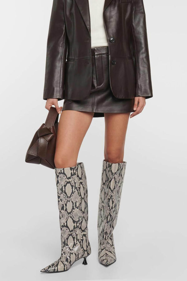 Python Faux Leather Pointed Toe Wide Calf Knee-High Boots