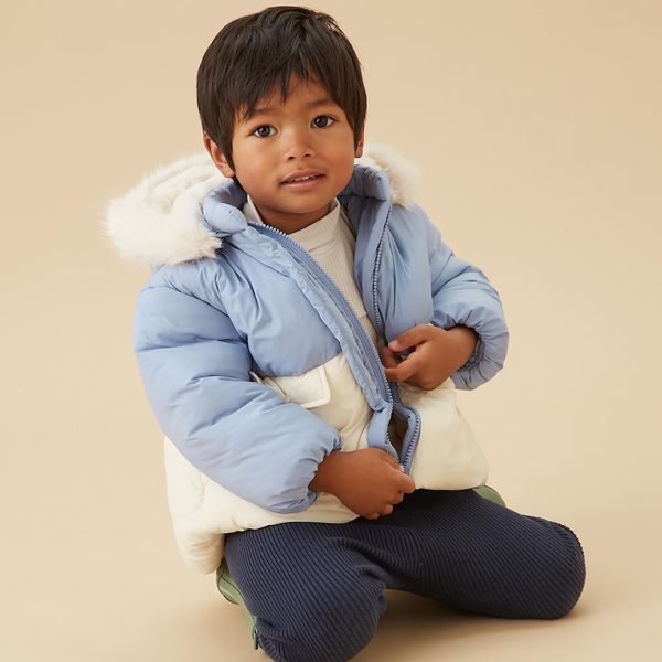 Padded Coat & Detachable Hood - Blue & Ecru