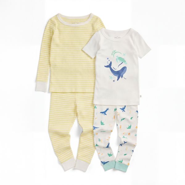 Yellow Stripe Ribbed & Ocean Dreams Short Sleeve Pajama Set 2 Pack