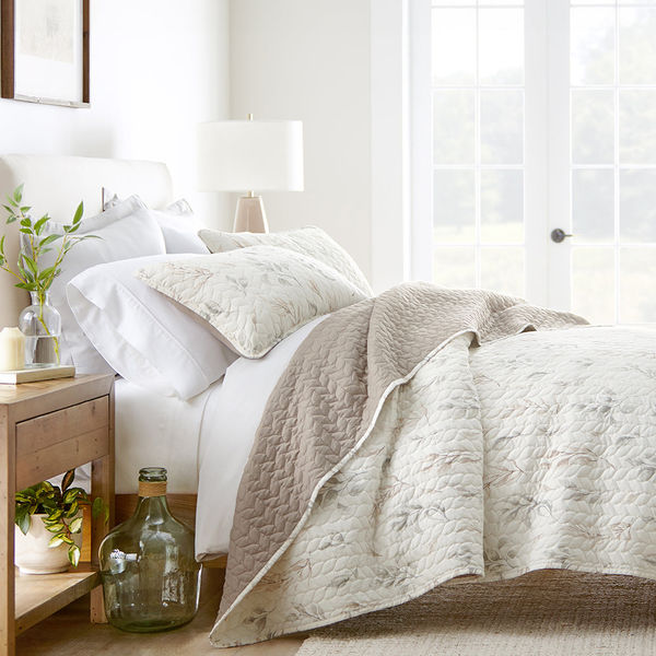 Watercolor Leaves Reversible Quilted Coverlet Set - Sale