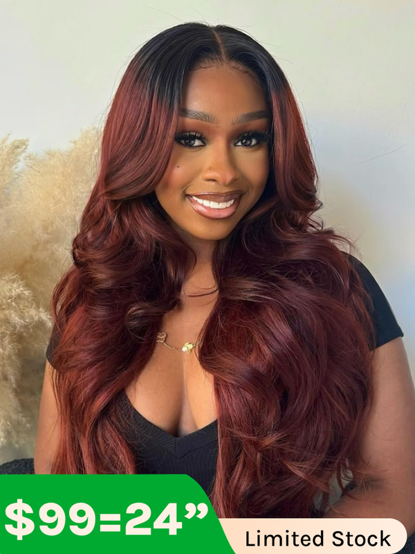 Klaiyi Bleand Natural V Part Wig Reddish Brown With Dark Roots Body Wave Human Hair Wigs