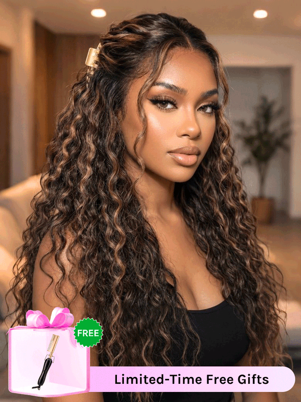 @Lynee's Pick | Klaiyi 7x5 Golden Brown Highlight Water Wave No-Slip Cap Glueless Human Hair Wig 150% Density