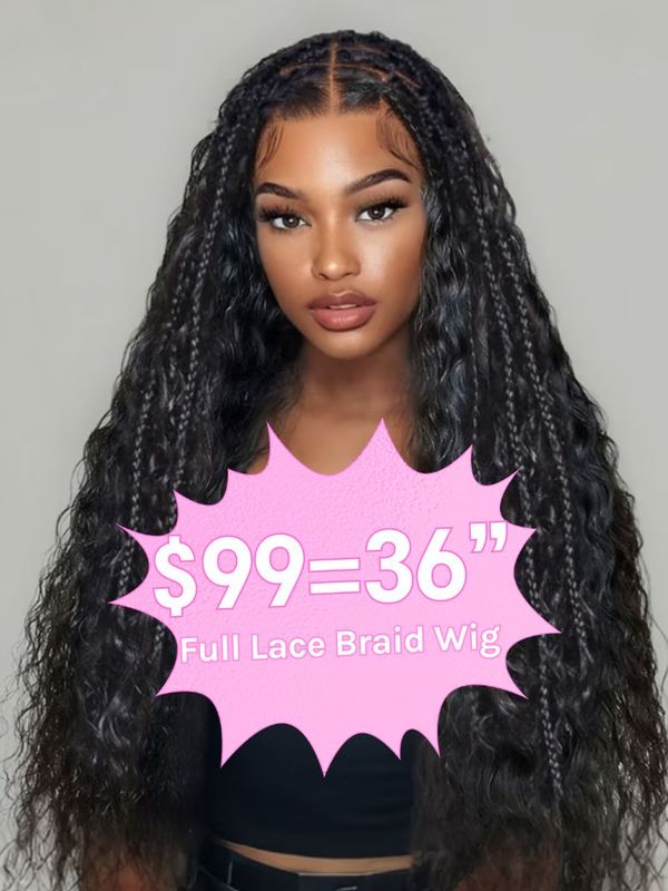 $99=36inch | Flash Sale Klaiyi 34inch Knotless Full Lace Box Braid Wig Boho Goddess Braided Wig with Baby Hair Curly Ends Wig