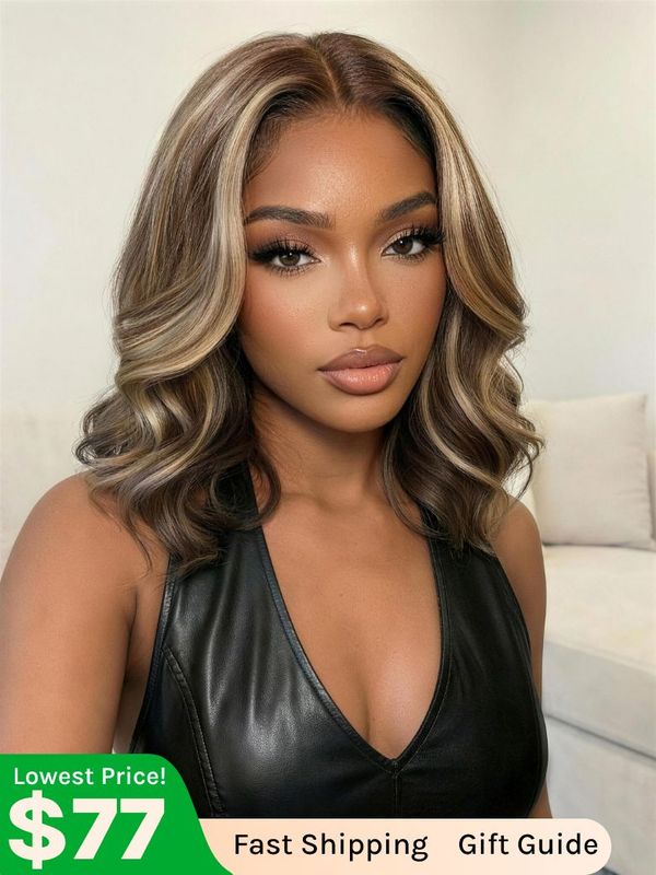 Klaiyi 13x4 Dark Brown with Honey Blonde Highlights Chic Shoulder-Length Wavy Lob Face-Framing Layered Blowout Bob