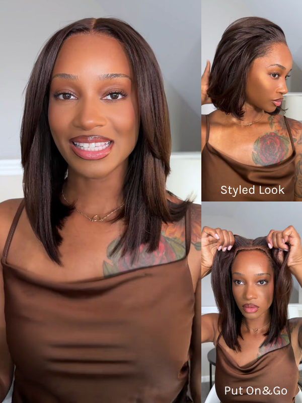 Klaiyi 7×5 Glueless Lace Dark Chocolate Brown Side Part Yaki Straight Bob Bye-Bye Knots Wig with Invisi Drawstring
