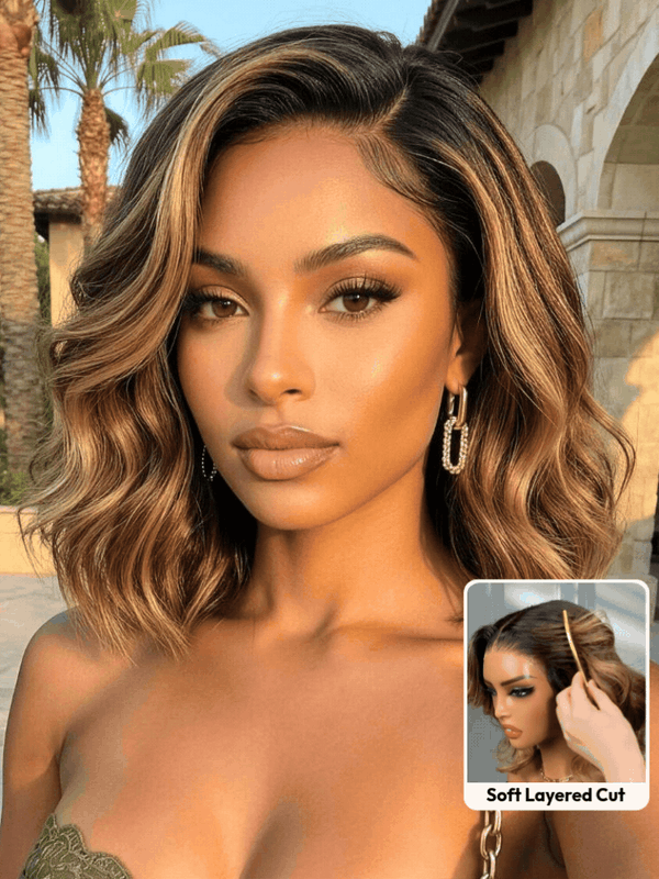Klaiyi Balayage Brown French Bob Wig Shoulder-Length Loose Curls 7x5 & 13x4 Pre-Everything Glueless Lace with Invisi Drawstring