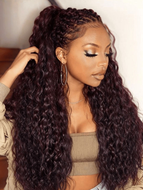 Klaiyi 13x4 Black Cherry Dark Burgundy Water Wave Pre Everything Lace Frontal Wig With Invisible Drawstring