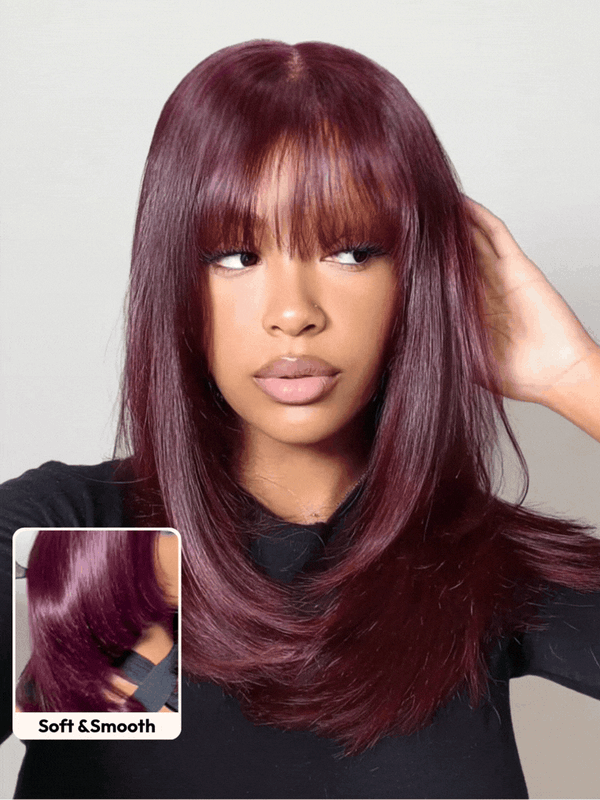 Klaiyi Black Cherry 7x5 Bye Bye Knots Layered Wolf Cut with Wispy Bangs Mid-length Sleek Bob Glueless Lace wig with Invisi Drawstring