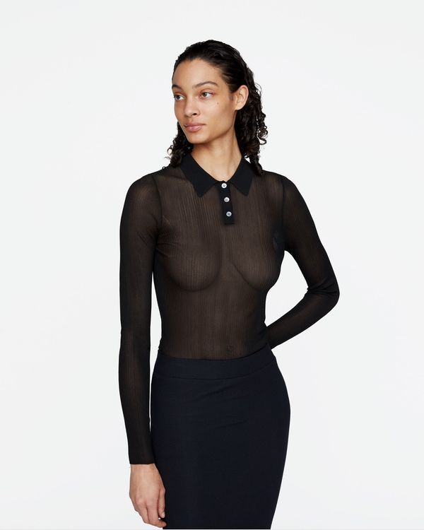 Ribbed Long Sleeve Polo - Black