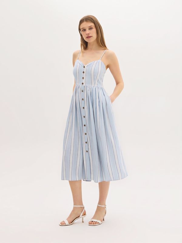 Linen-Blend Striped Midi Dress