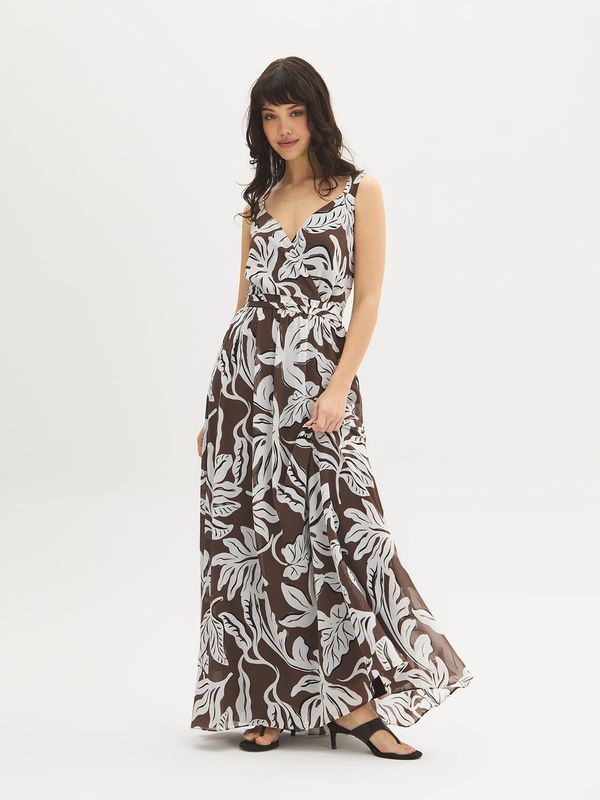 Leaf Print Chiffon Maxi Dress