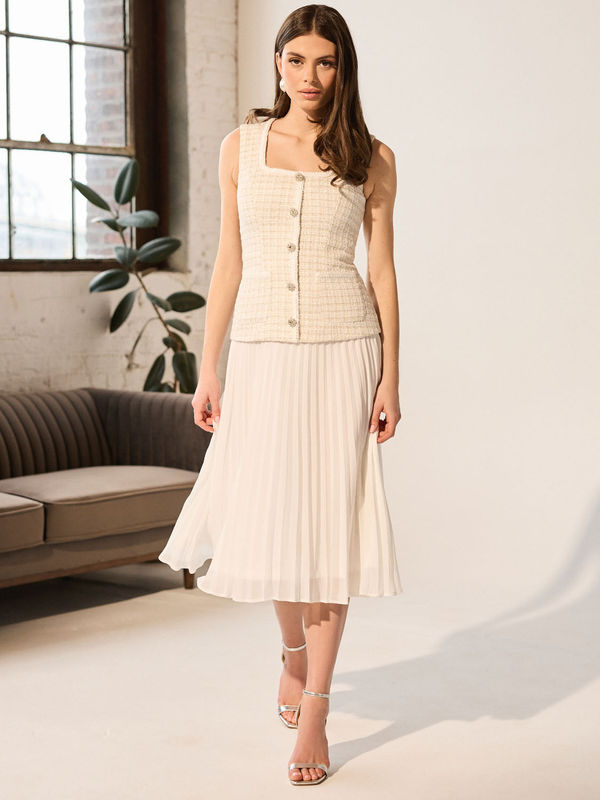 Bouclé Vest Midi Dress With Pleated Skirt