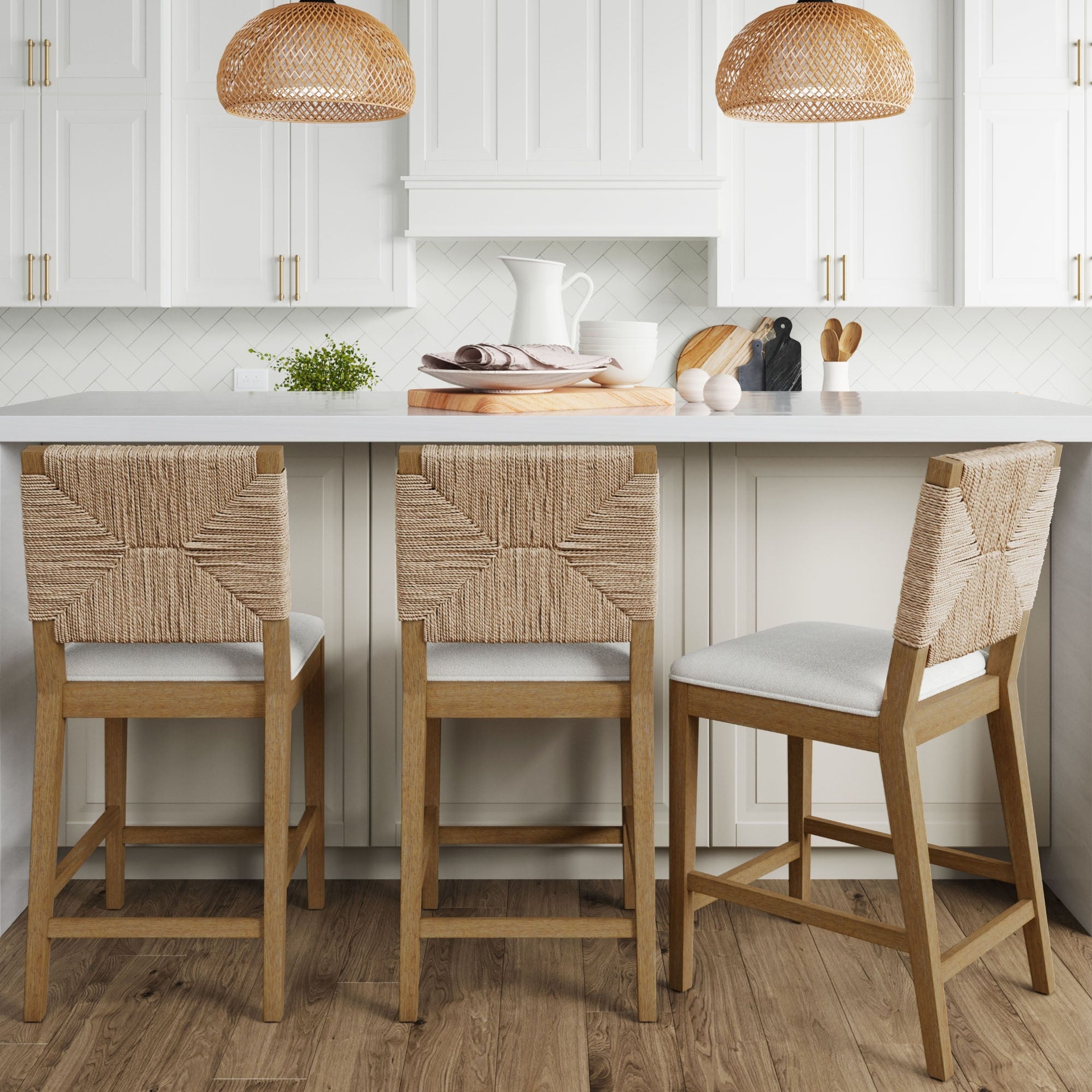 Light Brown Seagrass Counter Height Bar Stools Set of 3