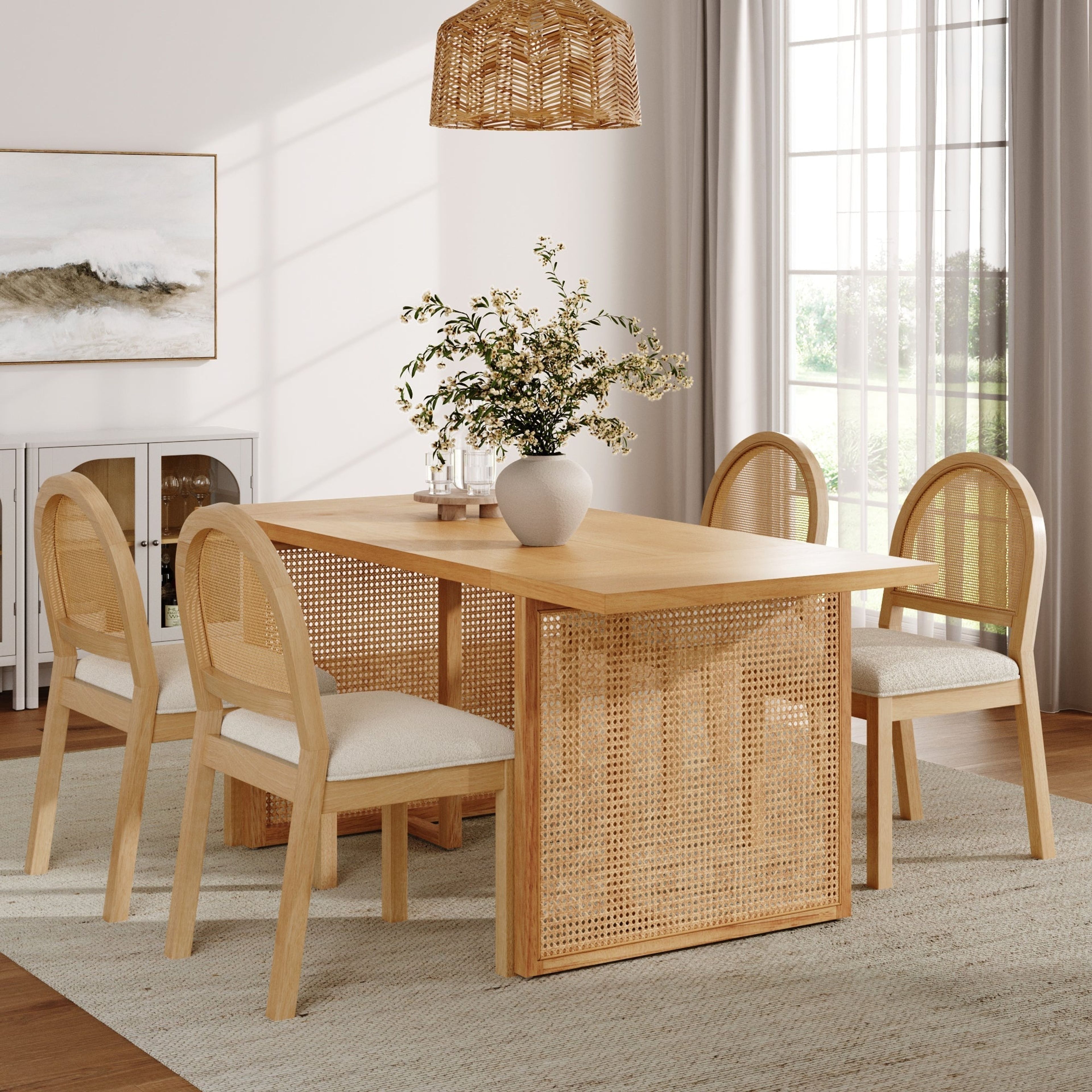 Bohemian Rattan & Boucle Dining Set - 4 Chairs