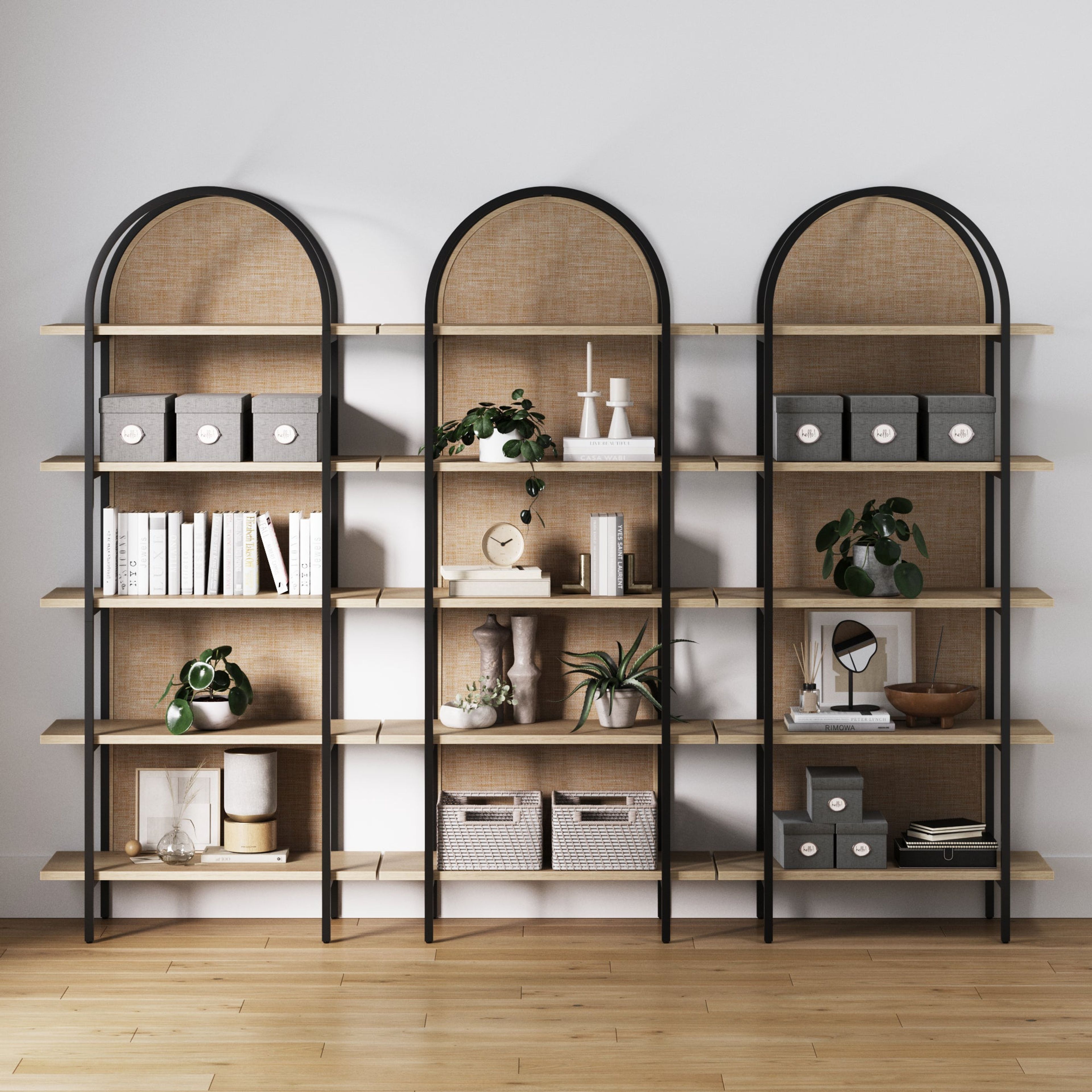 Boho Rattan Wood Arched Bookshelves Set of 3 - Stylish Storage