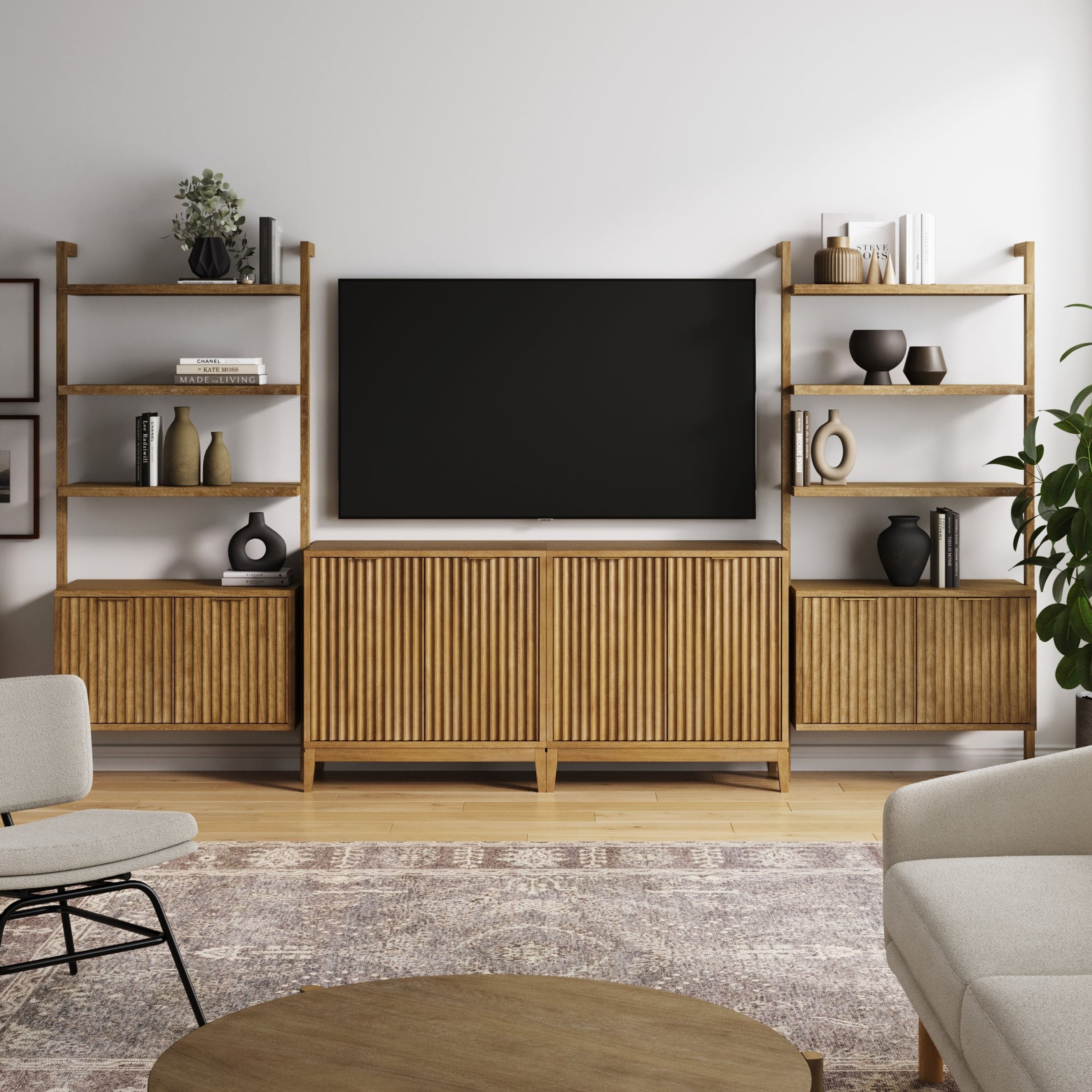 Mid-Century Light Brown Entertainment Center with 2 Cabinets