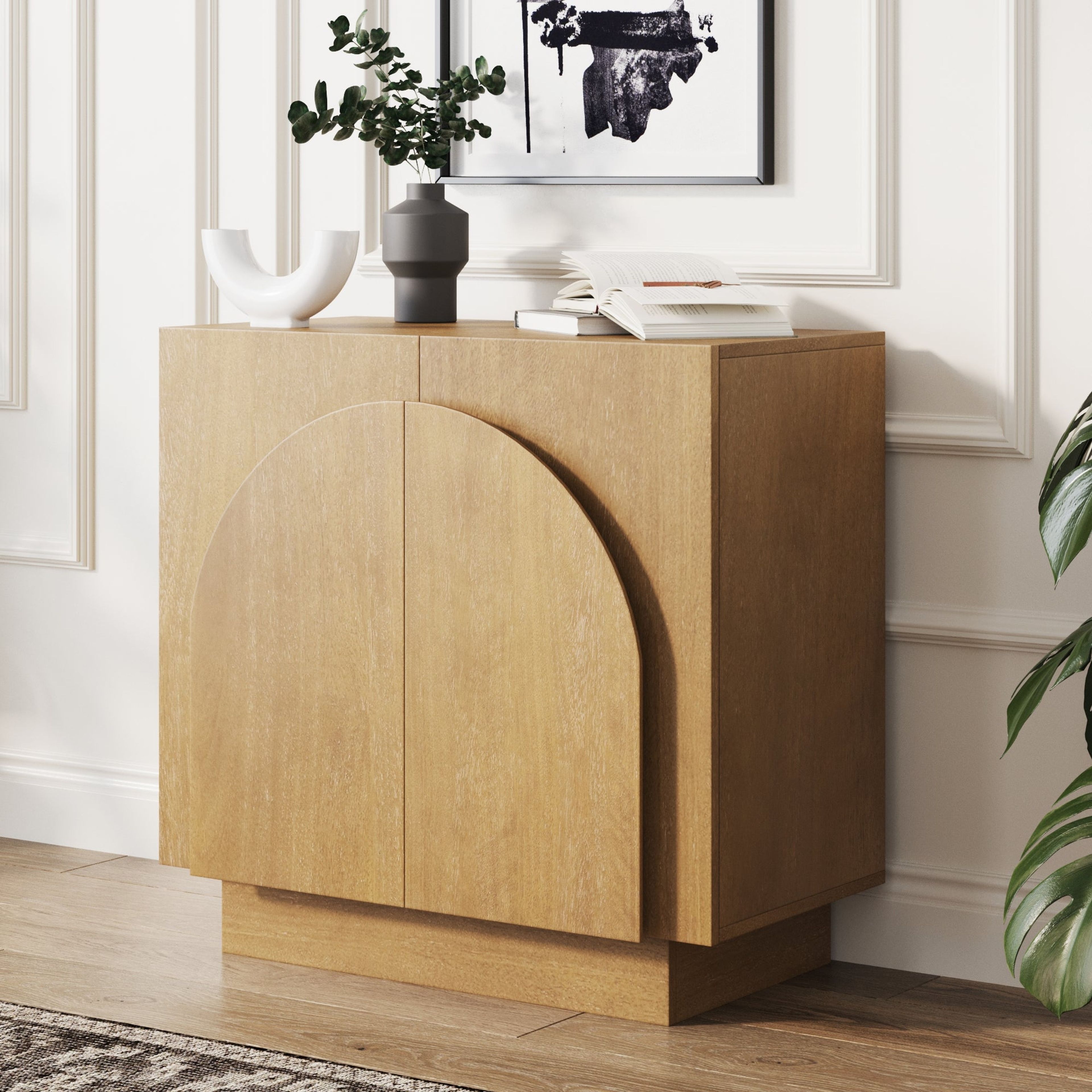 Mid-Century Wood Arched Storage Cabinet - Light Brown
